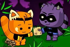 Két aranyos, rajzfilmszerű állatfigura áll egymással szemben egy zöld erdei környezetben, egyikük papírt ad a másiknak