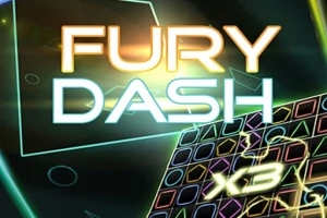 Színes geometriai minták és fényeffektek, középen a Fury Dash felirat