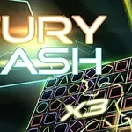 Színes geometriai minták és fényeffektek, középen a Fury Dash felirat