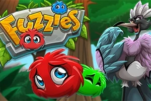 Színes, szőrös gömbök és egy nagy madár figurája egy erdős háttér előtt, a Fuzzies felirattal