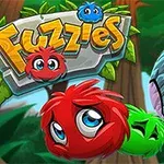 Színes, szőrös gömbök és egy nagy madár figurája egy erdős háttér előtt, a Fuzzies felirattal
