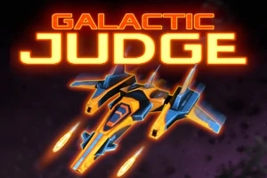 Űrhajó tüzet nyit a világűrben a Galactic Judge felirat alatt
