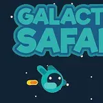 Színes rajzfilmfigura egy űrhajóval és nagy Galactic Safari felirattal egy sötét háttér előtt
