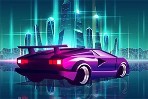 Futurisztikus, lila sportautó neonfényes városi háttérrel