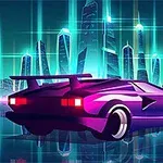 Futurisztikus, lila sportautó neonfényes városi háttérrel