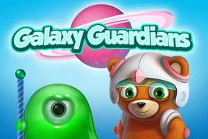 Zöld, egyszemű lény és űrsisakot viselő maci, rózsaszín bolygóval és Galaxy Guardians szöveggel kék háttér előtt