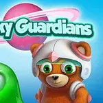 Zöld, egyszemű lény és űrsisakot viselő maci, rózsaszín bolygóval és Galaxy Guardians szöveggel kék háttér előtt
