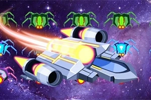 Űrhajó erős sugárzó fénnyel egy galaxis háttér előtt szemben zöld és kék robotokkal