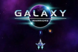 Űrhajó repül egy lila bolygó előtt látható kékes háttérrel, miközben a GALAXY WARRIORS felirat jelenik meg felette