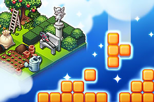 Kertészkedős jelenet zöld növényekkel, szoborral, és öntözőkannával, mellette színes négyzetek egy kék háttér előtt