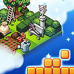 Kertészkedős jelenet zöld növényekkel, szoborral, és öntözőkannával, mellette színes négyzetek egy kék háttér előtt