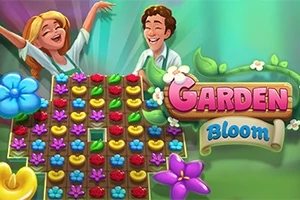 Egy színes, virágos mintákkal teli játékkártya előtt mosolygó férfi és nő látható, bal oldalon kék, jobb oldalon rózsaszín Garden Bloom felirattal