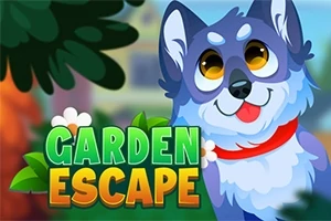 Rajzolt kutya piros nyakörvvel, mellette Garden Escape felirat zöld és sárga betűkkel, háttérben növények
