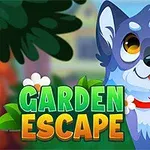 Rajzolt kutya piros nyakörvvel, mellette Garden Escape felirat zöld és sárga betűkkel, háttérben növények