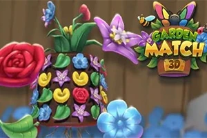 Színes virágokkal díszített cserép mellett Garden Match 3D logó lebeg, pillangóval és méhecskével dekorálva