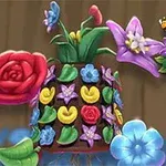 Színes virágokkal díszített cserép mellett Garden Match 3D logó lebeg, pillangóval és méhecskével dekorálva