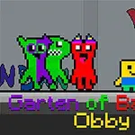 Pixeles karakterek színes háttér előtt, fejlécen színes szöveg