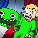 Egy rajzfilmfigurát ábrázoló kép, amelyen egy piros kezes, fekete alak zöld sapkát tesz egy ijedt arcú, zöld ruhás személy fejére