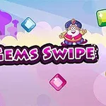 Rajzolt karakter arab öltözetben lebeg felhők fölött, színes drágakövek és a GEMS SWIPE felirat körül