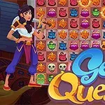 Két rajzfilmfigura áll háttérben egy színes, varázslatos ikonokkal teli játéktáblával, a Genie Quest felirattal az előtérben
