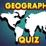 Világtérkép fehér sziluettje sötét háttér előtt, GEOGRAPHY QUIZ felirattal