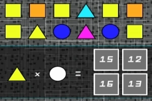 Színes geometriai alakzatok kombinációja, amelyek alatt egy egyenlet látható, négy válaszlehetőséggel