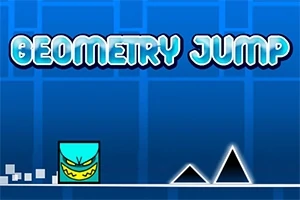 Kék háttér előtt egy sárga arcú kocka ugrik két fekete háromszög akadály felett, a tetején Geometry Jump felirat látható