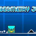 Kék háttér előtt egy sárga arcú kocka ugrik két fekete háromszög akadály felett, a tetején Geometry Jump felirat látható