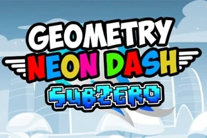Színes betűkkel írt Geometry Neon Dash Subzero felirat kékes háttér előtt