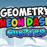Színes betűkkel írt Geometry Neon Dash Subzero felirat kékes háttér előtt