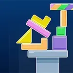 Színes, geometriai formákból álló torony egy kék háttér előtt