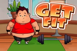 Fiatal fiú piros pólóban és fekete nadrágban áll egy zöld szőnyegen súlyzóval, a háttérben beltéri növény és ablak, nagy GET FIT felirat mellett