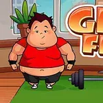 Fiatal fiú piros pólóban és fekete nadrágban áll egy zöld szőnyegen súlyzóval, a háttérben beltéri növény és ablak, nagy GET FIT felirat mellett