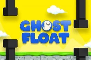 Sárga háttér közepén GHOST FLOAT felirat kék betűkkel, körülötte fekete csövek és néhány fehér felhő