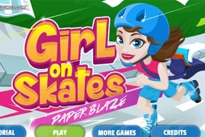 Egy rajzfilmfigura kék sisakban és görkorcsolyában mosolyog, miközben színes betűkkel a Girl on Skates: Paper Blaze felirat látható