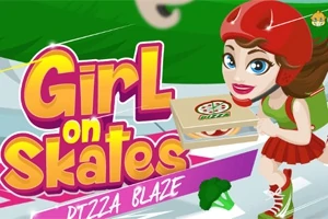 Egy rajzolt lány piros sisakban és görkorcsolyában pizzát szállít, mellette a Girl on Skates Pizza Blaze felirat
