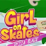 Egy rajzolt lány piros sisakban és görkorcsolyában pizzát szállít, mellette a Girl on Skates Pizza Blaze felirat