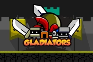 Kardokat, pajzsot és gladiátorsisakot ábrázoló rajzfilmszerű logó sötét háttérrel