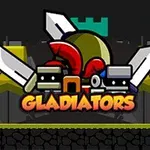 Kardokat, pajzsot és gladiátorsisakot ábrázoló rajzfilmszerű logó sötét háttérrel
