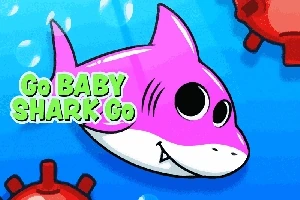 Rózsaszín cápa nagy szemekkel úszik kék háttéren, körülötte piros aknák és a Go BABY SHARK Go felirat látható