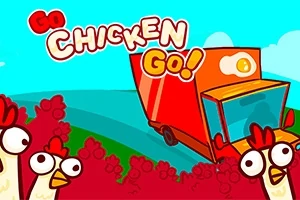 Rajzolt csirkék piros kamion közelében, kék ég háttérrel és Go Chicken Go!