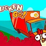 Rajzolt csirkék piros kamion közelében, kék ég háttérrel és Go Chicken Go!