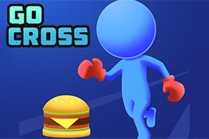Kék háttér előtt egy kék színű figura piros kesztyűben fut, mellette egy hamburger, a bal felső sarokban a GO CROSS felirat látható