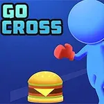 Kék háttér előtt egy kék színű figura piros kesztyűben fut, mellette egy hamburger, a bal felső sarokban a GO CROSS felirat látható