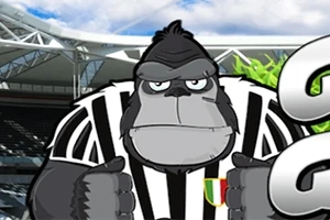 Rajzolt gorilla fekete-fehér csíkos mezben egy stadion háttérrel