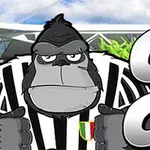 Rajzolt gorilla fekete-fehér csíkos mezben egy stadion háttérrel