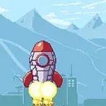 Piros-fehér rakéta indítása a pixelgrafikás hegyvidéki háttérrel