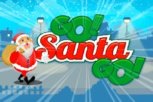 Télapó piros ruhában sétál ajándékzsákkal, háttérben Go Santa Go felirat és kék égi háttér