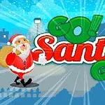 Télapó piros ruhában sétál ajándékzsákkal, háttérben Go Santa Go felirat és kék égi háttér