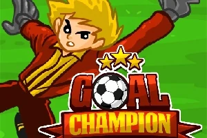 Egy rajzolt szőke kapus piros szerelésben a levegőben repül, alatta a Goal Champion felirat három csillaggal és egy focilabdával